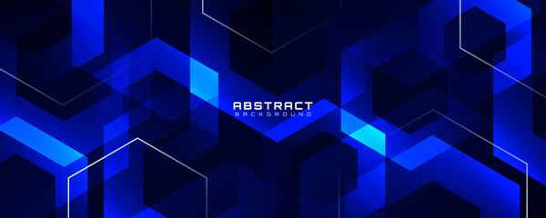 Futuristic blue abstract background with overlapping hexagon shapes and glowing geometric lines, modern digital technology design for banner, web template, corporate presentation and innovation theme