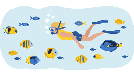 Underwater Adventure Diver Surrounded by Colorful Tropical Fish in the Ocean