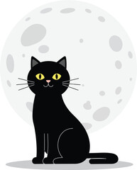 Mysterious black cat sits under a large full moon with wide bright eyes isolated on transparent background