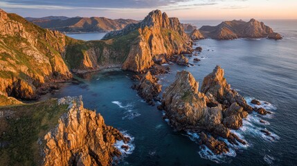 Rocky coastline with cliffs and ocean water under a bright sky.