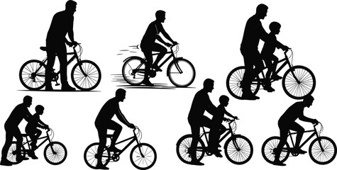 Silhouettes of adult and child, learning to ride bicycles, in various stages, for cycling, training, guidance, sport, and outdoor activity concepts