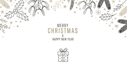 Elegant Christmas and New Year greeting card with hand-drawn botanical decorations like holly, mistletoe, and pine branches. © Alfarizi