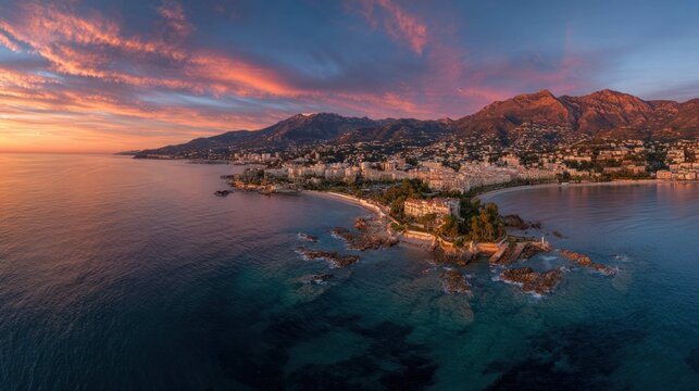 Coastal town with mountains in the background under a colorful sunset sky. - Powered by Adobe