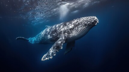 Fototapeta premium Majestic Humpback Whale Gracefully Gliding Through Sunlit Deep Blue Ocean Waters