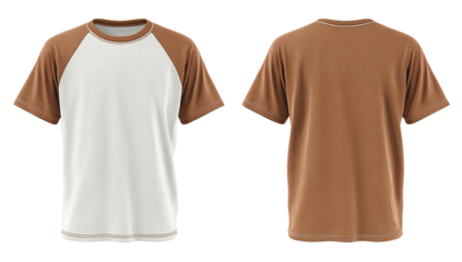 Front and back views of a short-sleeved t-shirt, with a white crew neckline and a tan, caramel-colored body