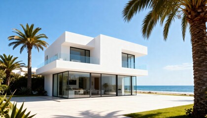 Fototapeta premium Modern white beachfront villa with glass façade and palm trees under clear sky 