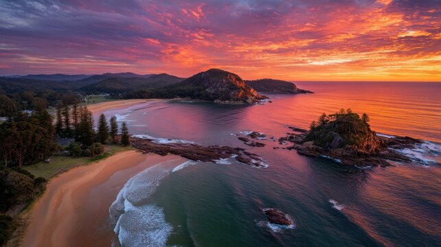 Coastal landscape with beach trees rocks and colorful sky at sunset.