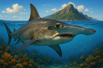 Hammerhead shark swimming over coral reef in clear tropical ocean with island in background
