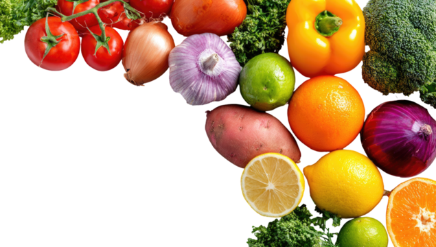 Vibrant array of fresh produce in a colorful arc against a black background