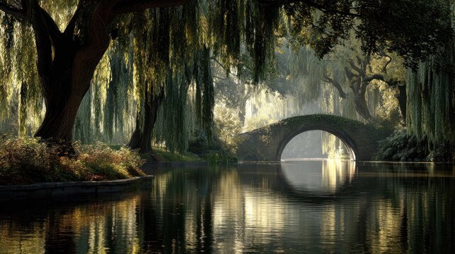 Stone bridge over water with trees and reflections in a natural setting.
