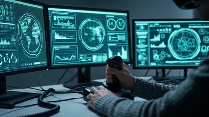 Futuristic cyber security control room scenario with multiple screens and operators - Powered by Adobe