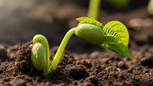 Bean sprout emerging from the soil, showcasing new life and growth cycle video Generative AI