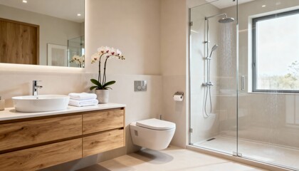 Bright modern bathroom with wood vanity and glass shower enclosure
