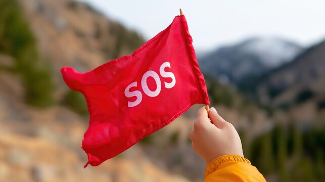 Red SOS Flag Waving in Mountains