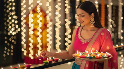 woman arranging oil lamp on diwali festival 
