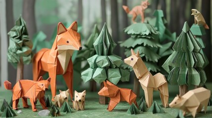 Charming Origami Forest Scene with Geometric Paper Animals and Evergreen Trees in a Lush Woodland Diorama