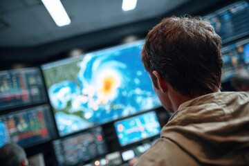 Man watches a large screen displaying a hurricane map in a dimly lit control room.