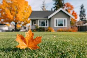 Single orange maple leaf resting on a lush green lawn, sharply focused, with a blurred suburban house and fall trees behind.