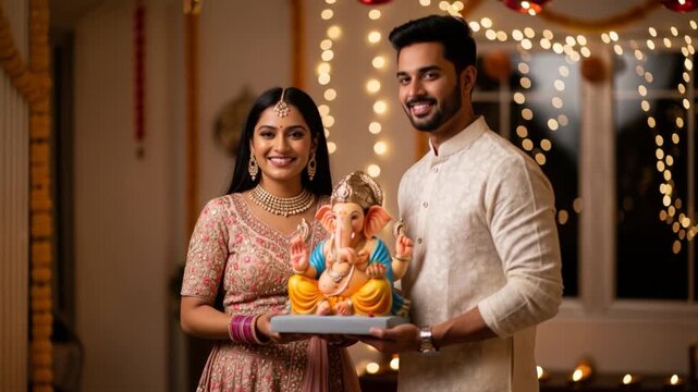 happy indian couple holding lord ganesha sculpture