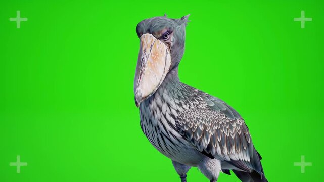 Shoebill Stork on Green Screen, Close-up of Rare African Bird.