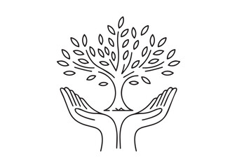 Tree in open hands line art vector