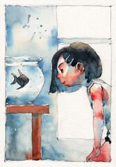A set of hand-painted watercolor illustrations of a cheerful little girl enjoying outdoor moments with soft pastel tones and childlike emotion.