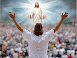 A worshipper raises their arms towards a glowing divine figure floating above a large congregation, symbolizing spiritual revival.