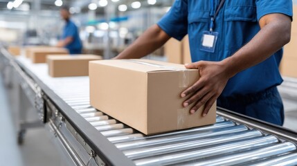 Close-up of a logistics worker in blue uniform placing a brown box onto a conveyor belt inside a busy warehouse.
