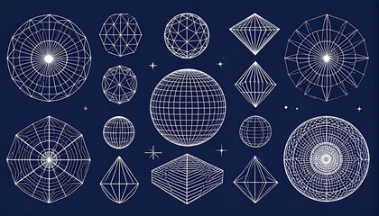 Geometric shapes in wireframe style on a dark blue backdrop