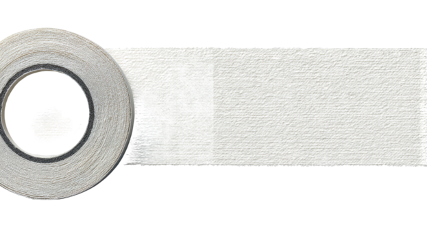 Rolled white tape extends horizontally