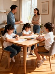 Fototapeta premium Family with children drawing at wooden dining table in sunlit living space 