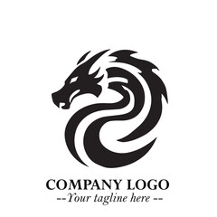 Head of Dragon Logo Symbol Black on White Background in Bold Mythical Vector Design for Power Branding