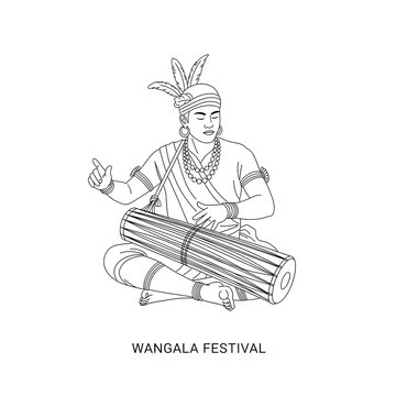 Line art illustration of Wangala Festival drummer in traditional attire playing musical instrument, symbolizing Garo tribe heritage, cultural celebration, and indigenous folk traditions of India