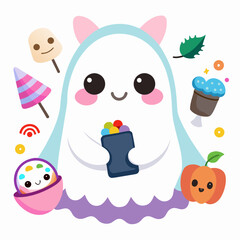 Naklejka premium Vector art of cute ghost holding candy