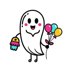 Fototapeta premium Vector art of cute ghost holding balloons and party favor
