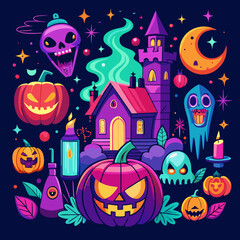 Vector art of creepy halloween scene with jackolanterns, ghosts, and a haunted castle