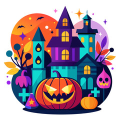 Vector art of haunted halloween castle with jackolantern and spooky elements