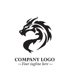 Head of Dragon Logo Symbol Black on White Background in Bold Mythical Vector Design for Power Branding