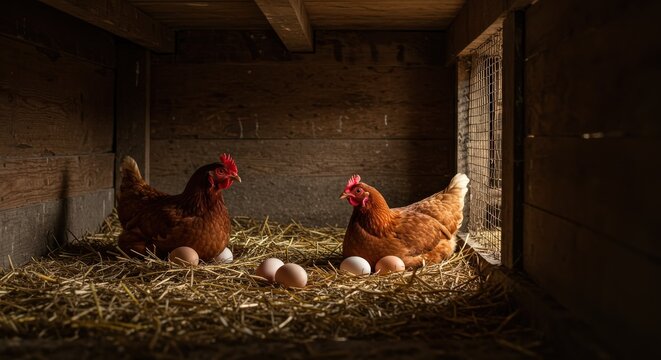 Two Hens and Eggs in Coop - Powered by Adobe