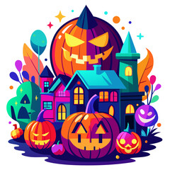 Vector art of spooky halloween village with carved pumpkins and colorful buildings