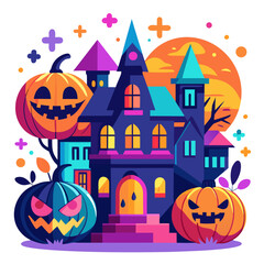 Vector art of haunted house with jack o lanterns on halloween night
