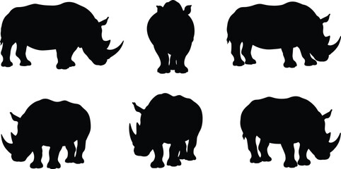 Rhinoceros silhouette vector, wild animal illustration, African wildlife icon, endangered species art, cad drawing flat vector illustration, black silhouette design