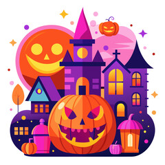 Vector art of spooky halloween night with pumpkins and haunted houses