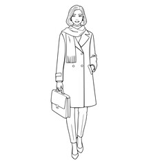 Professional Woman in Overcoat and Scarf Carrying Briefcase line art illustration 