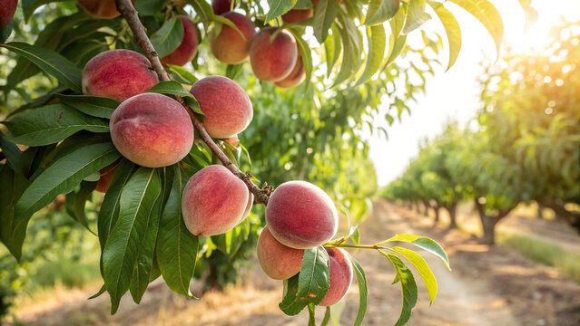 Closeup shot of ripe peaches hanging on a tree branch in an orchard on a sunny day, ready to be harvested for consumption