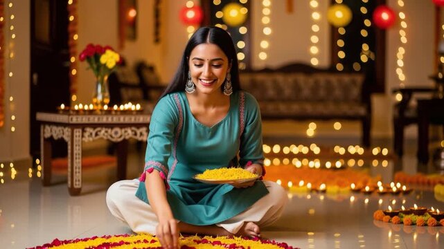 woman making rangoli on diwali festival 