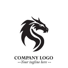 Head of Dragon Logo Symbol Black on White Background in Bold Mythical Vector Design for Power Branding