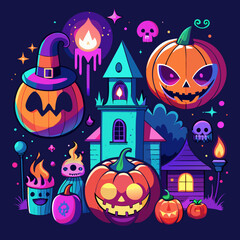 Vector art of vibrant halloween illustration with pumpkins, castle, and spirits