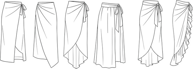 Flat vector illustration of six stylish wrap skirts design, technical fashion sketch, sarong style, tied waist, elegant clothing template.