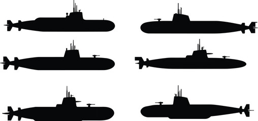 Submarine silhouettes, naval vessel, underwater ship, military submarine, ocean defense, warship design, navy technology, marine transport, cad drawing flat vector illustration